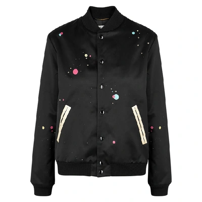 Shop Saint Laurent Black Printed Satin Bomber Jacket