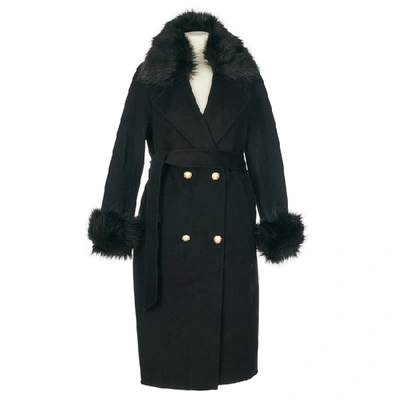 Shop Popski London Black Cashmere Faux Fur Trim Coat In Black Faux