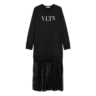 Shop Valentino Vltn Jersey And Lace Sweatshirt Dress In Black