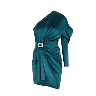 Shop Alexandre Vauthier Teal One-shoulder Silk-blend Dress