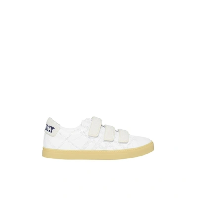 Shop Burberry Strap Detail Perforated Check Leather Sneakers In Optic Whi/storm Blue