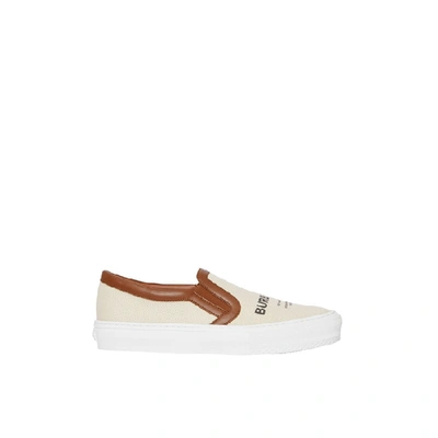 Shop Burberry Horseferry Print Cotton And Leather Slip-on Sneakers In Malt Brown
