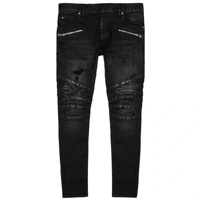 Shop Balmain Dark Grey Distressed Skinny Jeans
