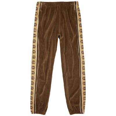 Shop Gucci Brown Monogram-trimmed Velour Sweatpants