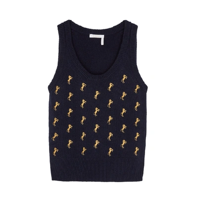 Shop Chloé Navy Horse-embroidered Wool-blend Tank