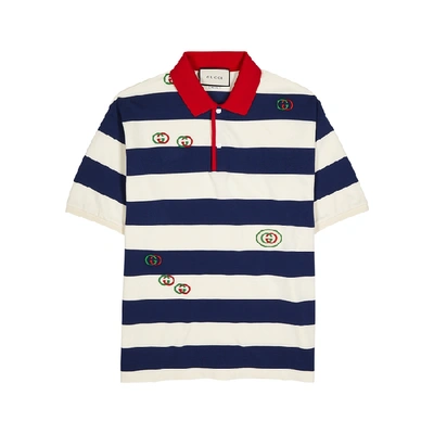 Shop Gucci Gg-embroidered Striped Cotton Polo Shirt In Blue