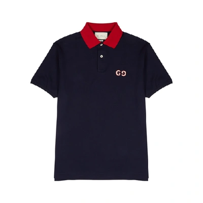 Shop Gucci Navy Piqué Cotton Polo Shirt