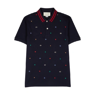 Shop Gucci Navy Embroidered Piqué Cotton Polo Shirt