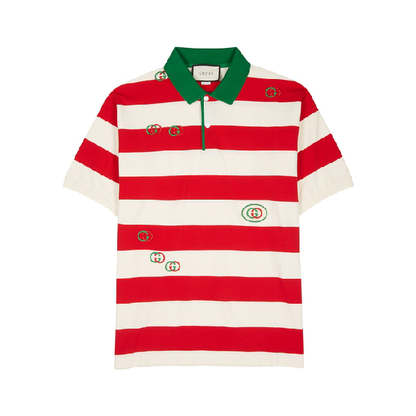 Gucci Gg-embroidered Striped Cotton Polo Shirt In Red | ModeSens
