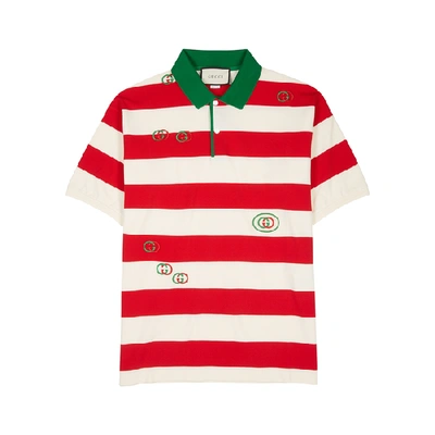 Shop Gucci Gg-embroidered Striped Cotton Polo Shirt In Red