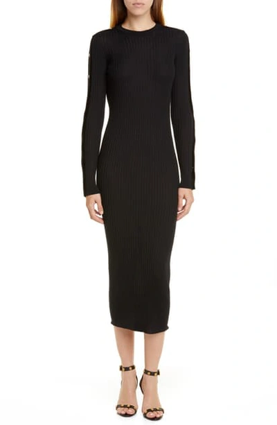 Shop Versace Long Sleeve Wool Rib Midi Sweater Dress In Black