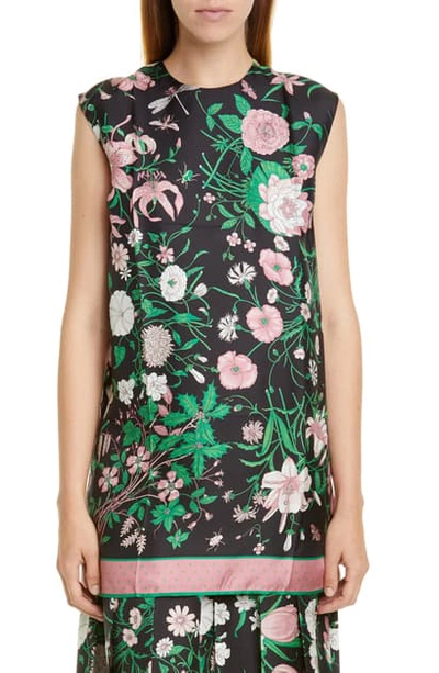 Shop Gucci Flora Print Silk Twill Tunic In Black/ Pink Print