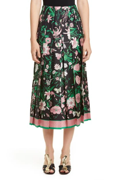 Shop Gucci Pleated Flora Print Silk Twill Skirt In Black/ Pink Print