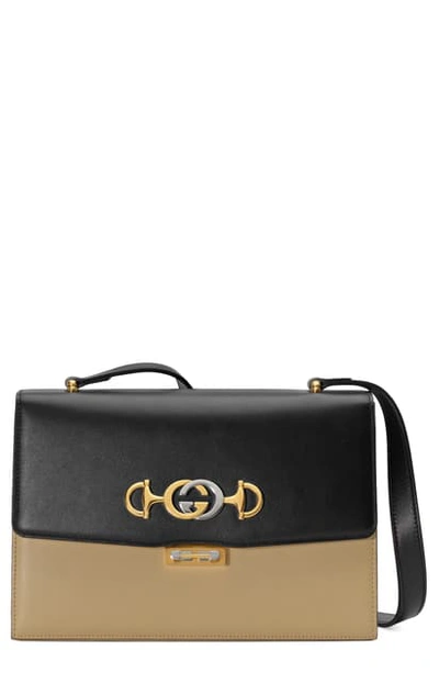 Shop Gucci Small Zumi Two Tone Leather Shoulder Bag - Black In Black/ Diagonal Beige