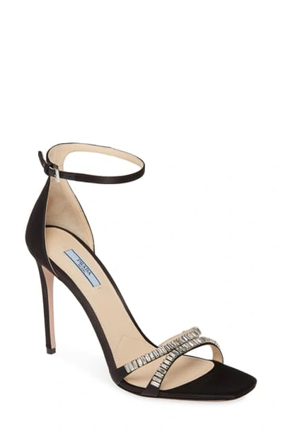 Shop Prada Crystal Ankle Strap Stiletto Sandal In Black Satin
