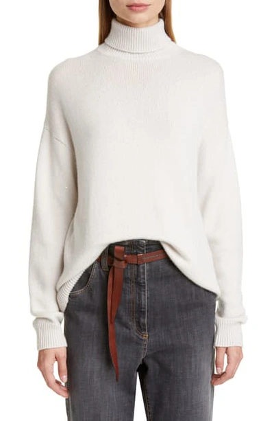 Shop Brunello Cucinelli Sequin Cashmere & Silk Turtleneck Sweater In Vanilla
