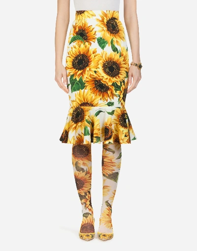 Shop Dolce & Gabbana Sunflower-print Charmeuse Midi Skirt In Floral Print