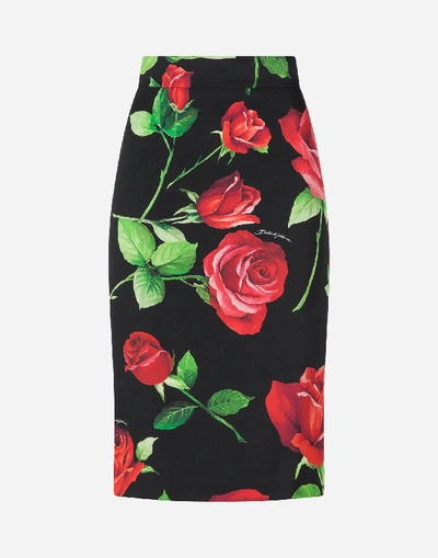 Shop Dolce & Gabbana Rose-print Charmeuse Midi Skirt In Multi-colored