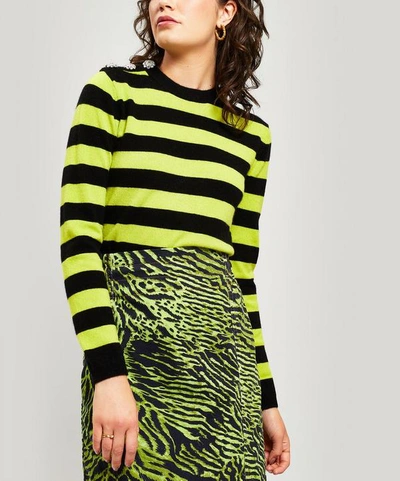Shop Ganni Crystal-embellished Striped Cashmere Sweater In Neon Maize