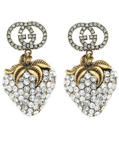 Shop Gucci Gold-tone Crystal Strawberry Drop Earrings In Silver