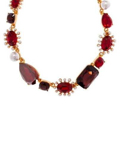 Shop Oscar De La Renta Gold-tone Crystal And Faux Pearl Necklace In Red/gold