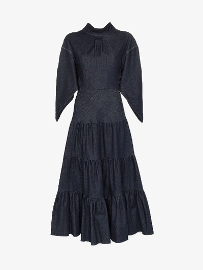 Shop Chloé Denim Tiered Midi Dress In Blue