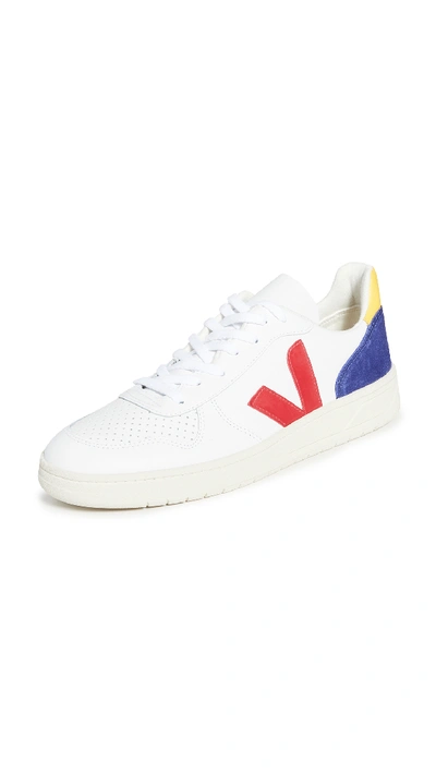 Shop Veja V-10 Leather Sneakers In Extra White/pekin/cobalt/gold