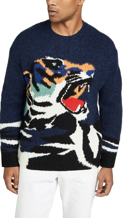 Shop Kenzo Tiger Intarsia Crew Neck Sweater In Navy