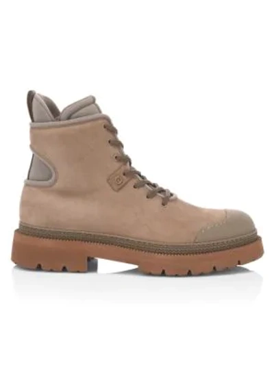 Shop Ferragamo Tolk Mix Media Lace-up Combat Boots In Taupe