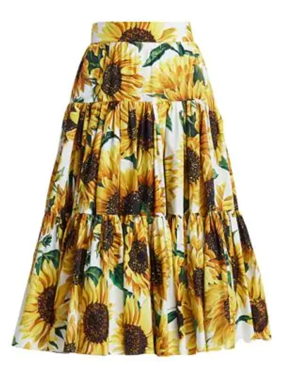 Shop Dolce & Gabbana Sunflower-print Tiered Midi Skirt In Sunflower Print