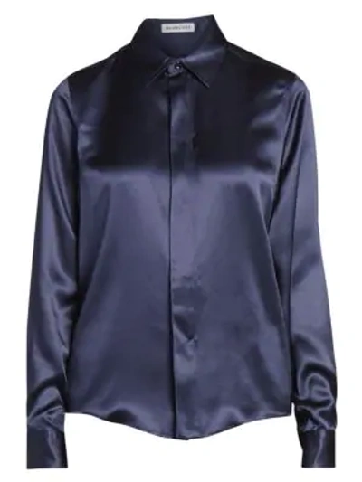 Shop Balenciaga Silk Satin Collared Blouse In Blue