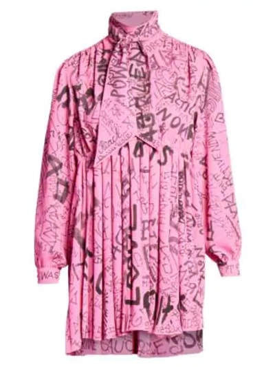 Shop Balenciaga Grafitti-print Tieneck Babydoll Dress In Fuchsia
