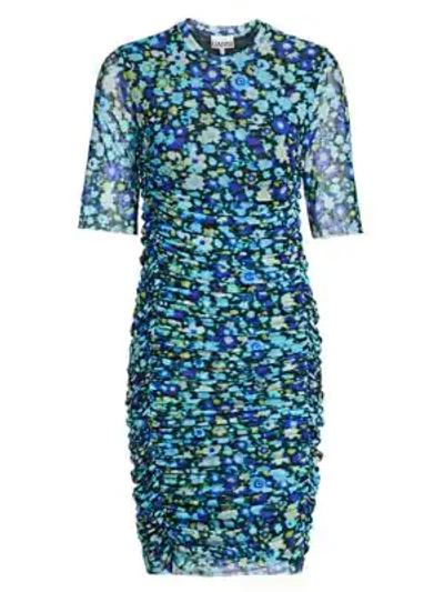Shop Ganni Floral Ruched Bodycon Dress In Azure Blue