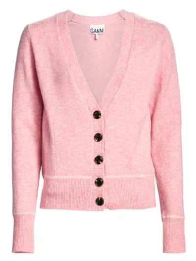 Shop Ganni Wool-blend Button-down Knit In Candy Pink