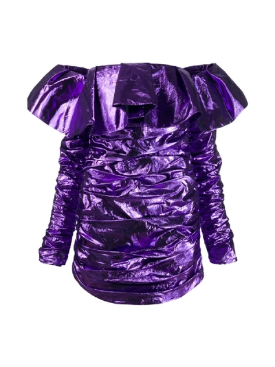 Shop Attico Off Shoulder Ruffle Dress In Purple