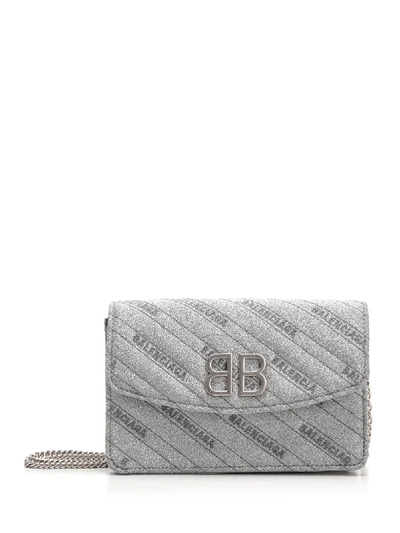 Shop Balenciaga Bb Chain Wallet Glitter Bag In Silver