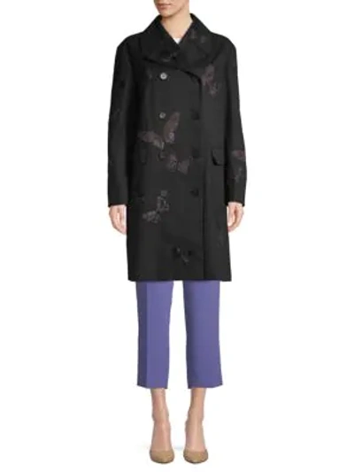Shop Valentino Embroidered Double-breasted Cotton Coat In Nero