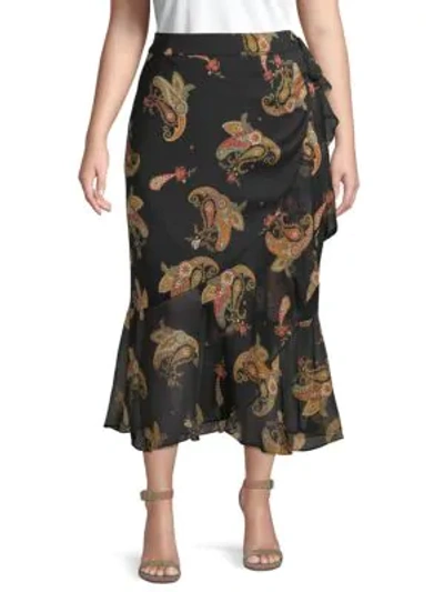 Shop Vince Camuto Plus Paisley-print Ruffled Wrap Skirt In Rich Black