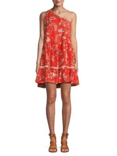 Shop Free People All Mine One-shoulder Printed Mini Dress In Red