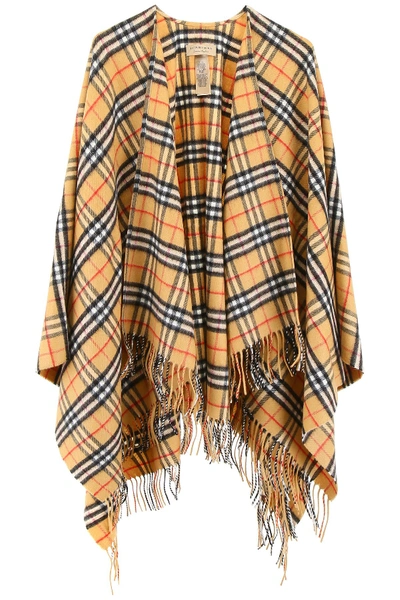 Shop Burberry Vintage Check Fringed Hem Poncho In Yellow