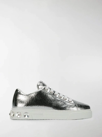 Shop Miu Miu Embellished Metallic Sneakers In Silver
