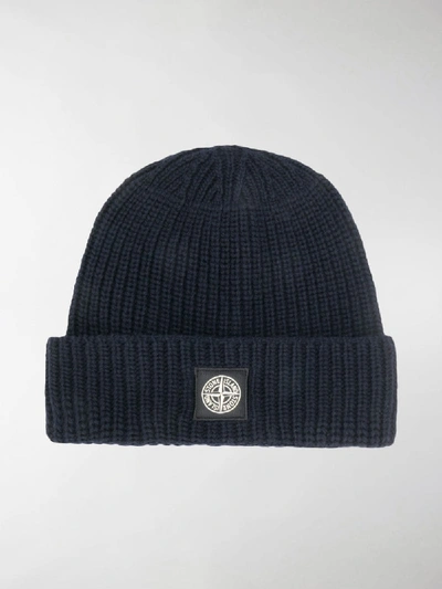 Shop Stone Island Logo Badge Beanie In Blue