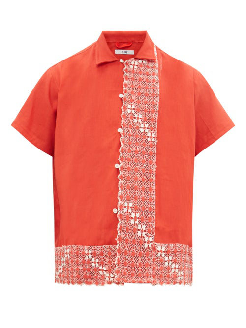 Bode Lace-trimmed Linen Shirt In Red | ModeSens