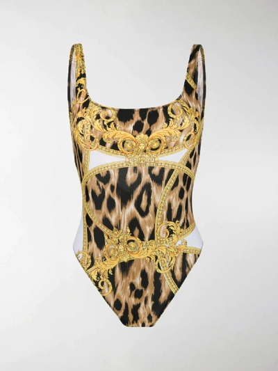 Shop Versace Baroque Print Swimsuit In White