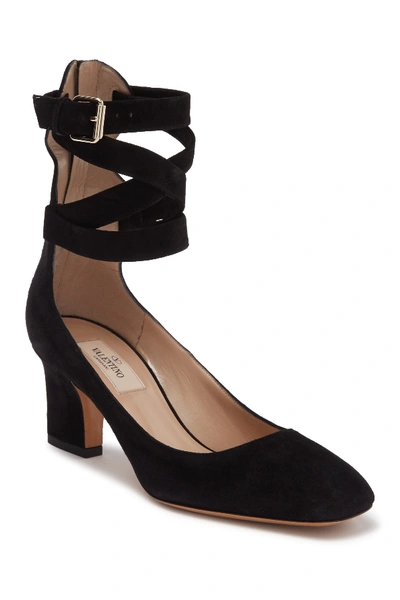 Shop Valentino Ankle Strap Square Toe Suede Pump In Black