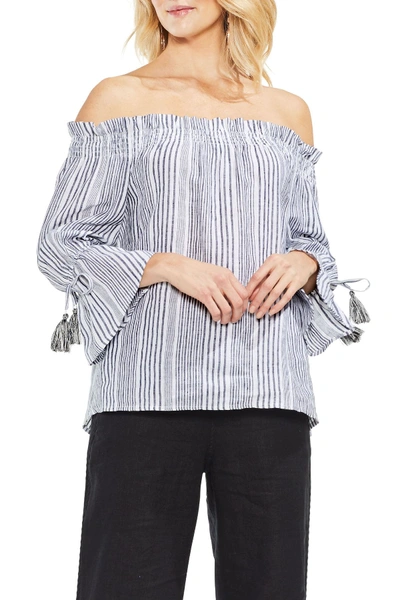 Shop Vince Camuto Linen Stripe Bell Sleeve Top In Rich Black
