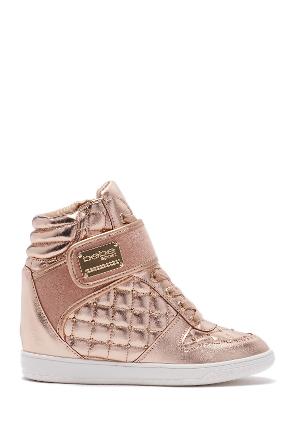 Bebe Studded Hi Top Wedge Sneaker In Rose Gold Modesens