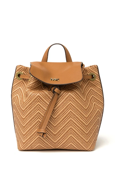Shop Michael Michael Kors Medium Junie Woven Leather Backpack In Acrn/buttr