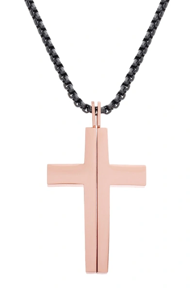 Shop Steve Madden Splitting Cross Pendant Necklace In Rose Gold/black