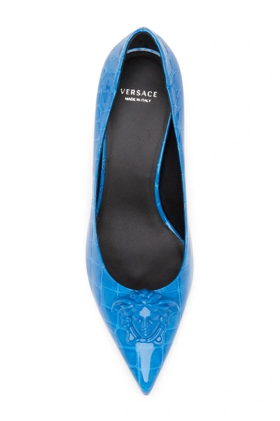 Shop Versace Croc Embossed Medusa Kitten Heel In Staten Blue